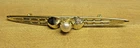 Vtg 2 7/8" long gold tone metal off white faux pearl Brooch Pin Costume Jewelry