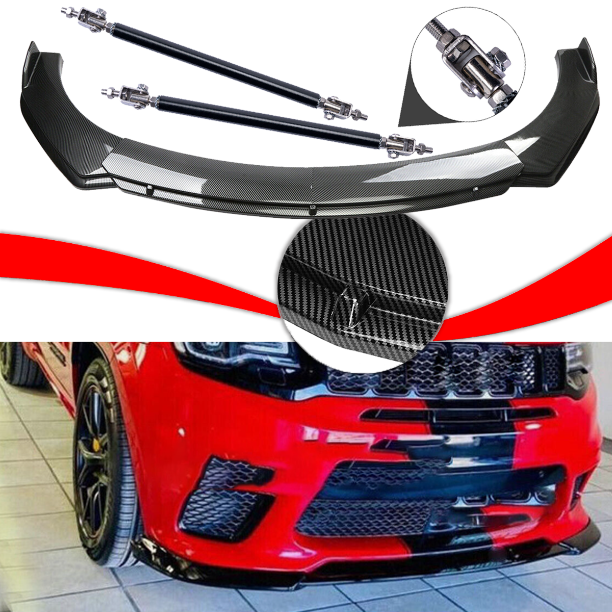 For Jeep Grand Cherokee Carbon Fiber Style Front Bumper Lip Spoiler Strut Rods