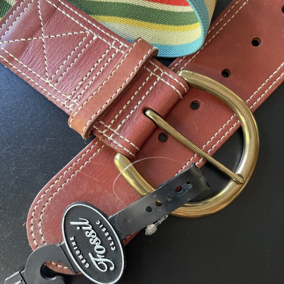 Cinturón de tela y cuero elástico fósil arco iris talla ancha mediana raro festival boho Foto 3 de 4