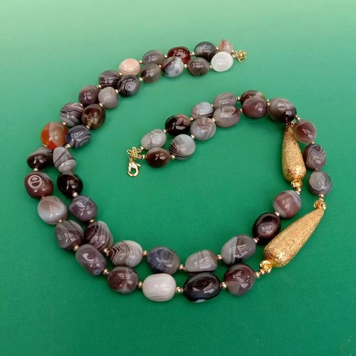 2 Strand Natural Gray Botswana Sardonyx Agates Gold Plated Brushed Bead Necklace - Picture 5 of 10