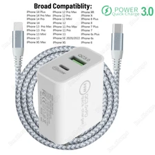 For iPhone 14 13 12 11 Pro XR 20W USB-C Power Adapter Block PD Fast Charger Cord