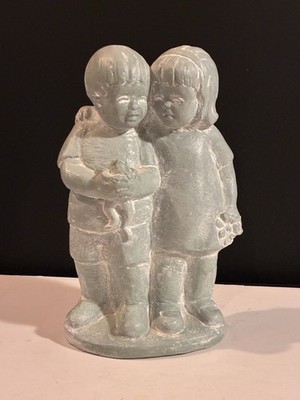 Isabel Bloom 2005 Sculpture Boy w/Frog Girl w/Flower Signed 7.75'' Tiny Treasures