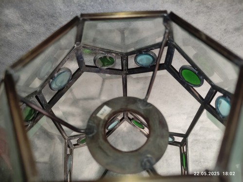 Bevelled Glass & Blue, Green Bead Hexaganol Lantern Pendant Lamp Shade 28cm Vtge - Picture 4 of 15