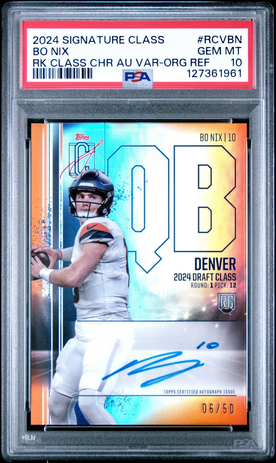 Bo Nix Topps Signature Class Rookie Class Chrome Autograph Variation #RCVBN Blue Refractor