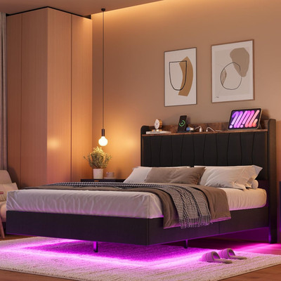 King Floating Bed Frame with LED Lights, Storage Headboard, Easy Assembly, Black