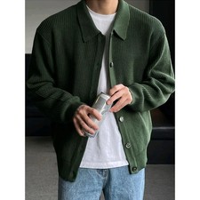 Early Autumn Casual Men's Knitted Cardigan Green Collar Open Front Sweater Trend