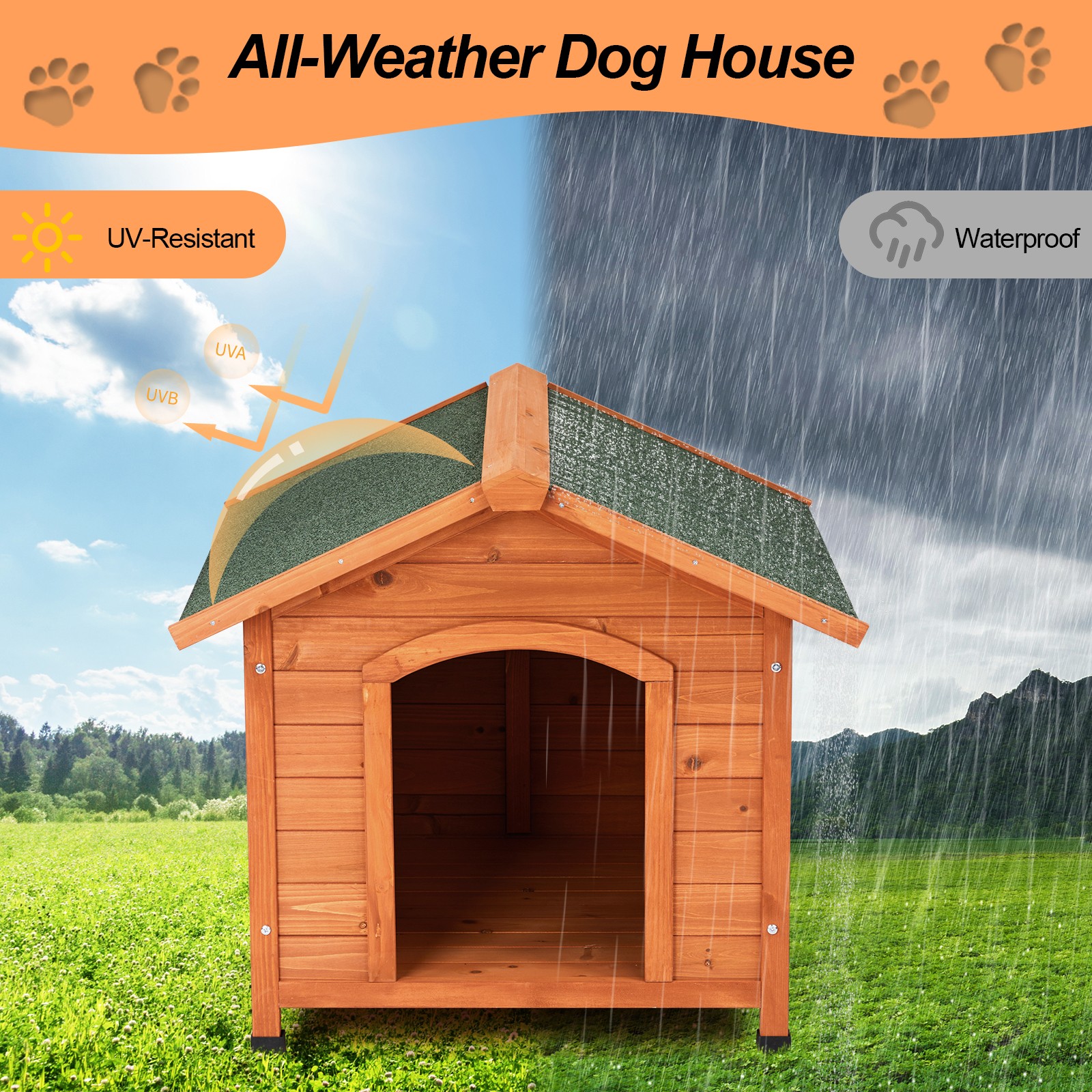 Outdoor Wooden Dog House with Weatherproof Asphalt Roof for Outdoor & Indoor