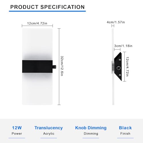  Modern Wall Sconce with Switch, Indoor Wall Light Dimmable, 12W 1 Cool White