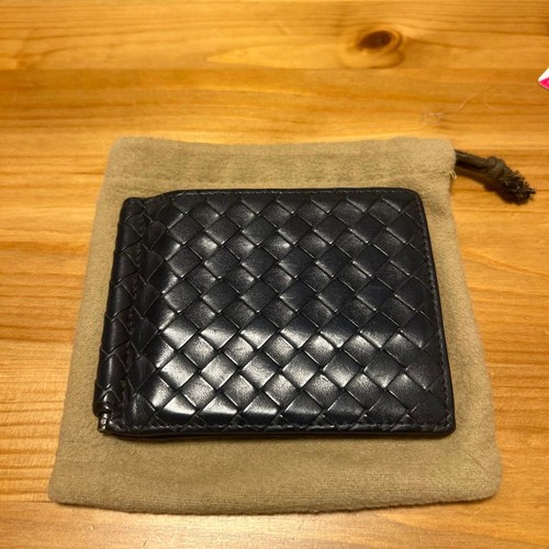 Bottega Veneta Intrecciato Wallet Bifold Money Clip Leather Italy Navy excellent