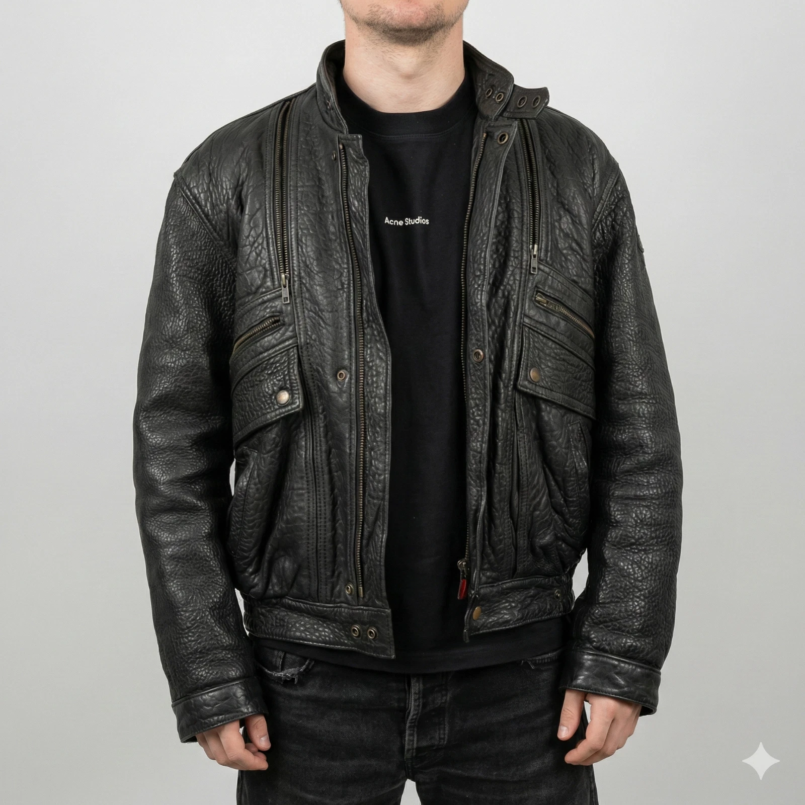 Mens Real Leather Jacket Black Moto Biker Cafe Racer Vintage Style Textured Coat