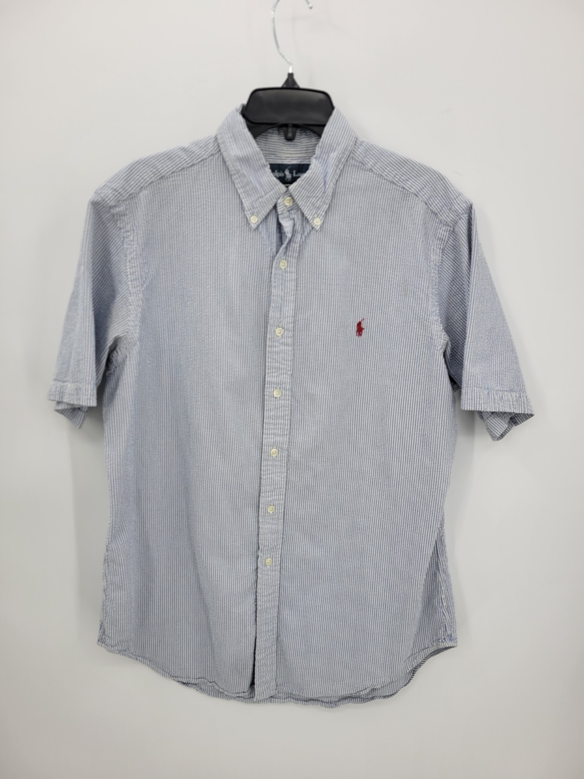 Ralph Lauren Shirt Mens Large Blue White Stripe Seersucker Short Sleeve Pony