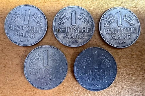5x Germany 1 German Mark Coin Set 1956F - 1957F - 1961F - 1963G - 1968F