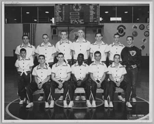 1950s 1958 High School Basketball Team Group Portrait Uniforms Gymnasium