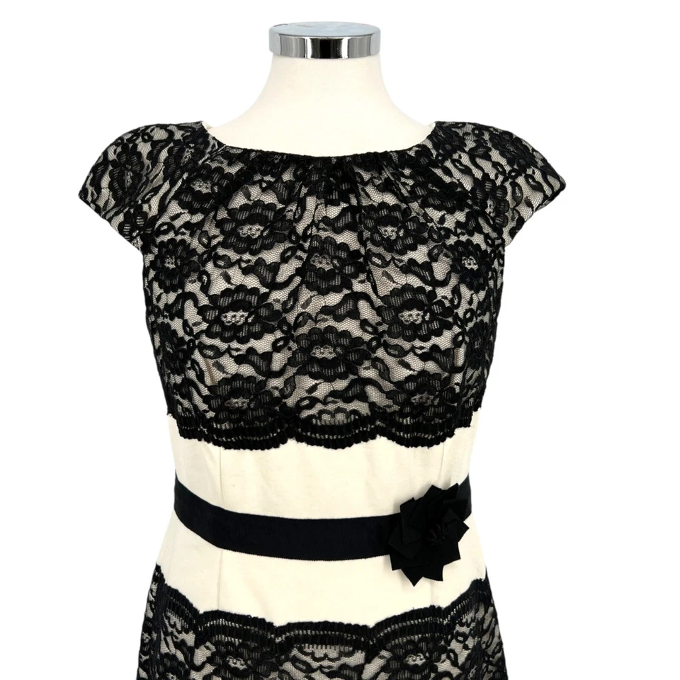 Vestido Vaina Jax Encaje Con Mangas Casquillo Floral Detalle Cintura Negro Marfil Talla 12 Foto 2 de 4