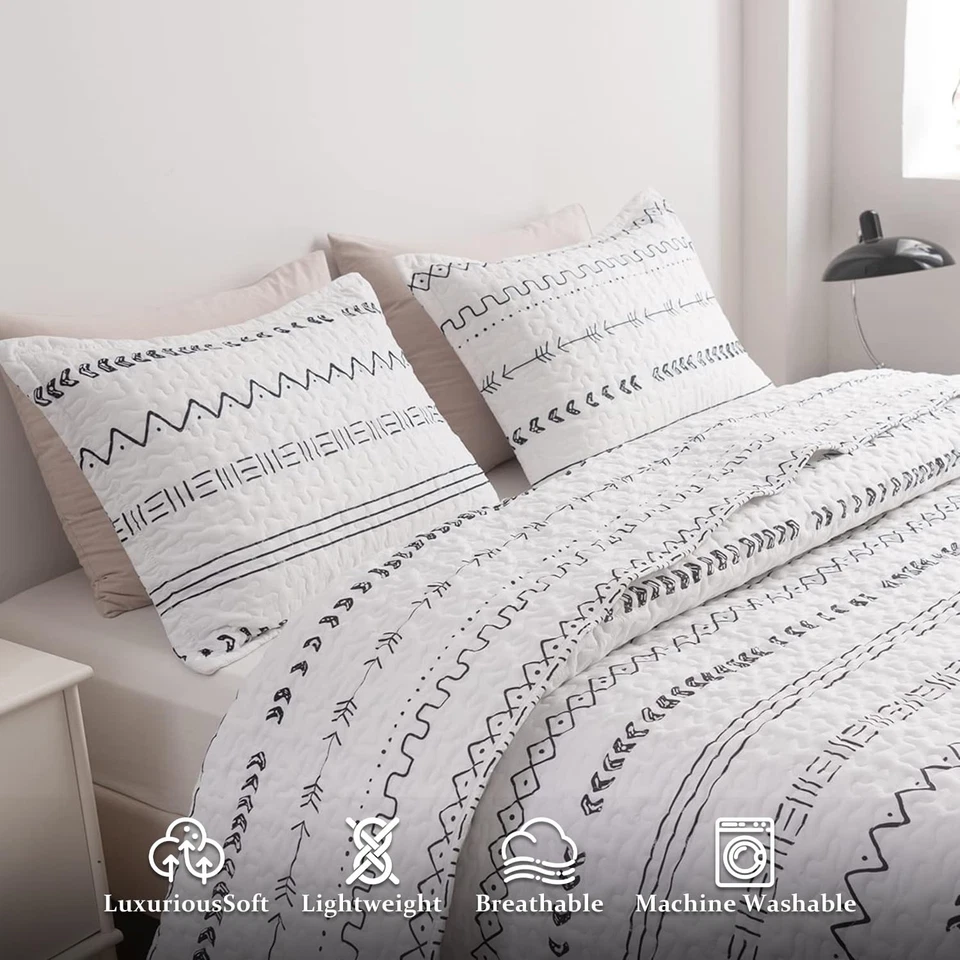 Juego de edredón blanco tamaño king 3 piezas, diseño bohemio con p... geométrico blanco y negro Foto 4 de 4