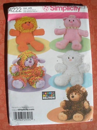 Simplicity Sewing Pattern 4222 Stuffed Plush Animals Bear Lion Cat Lamb UNCUT