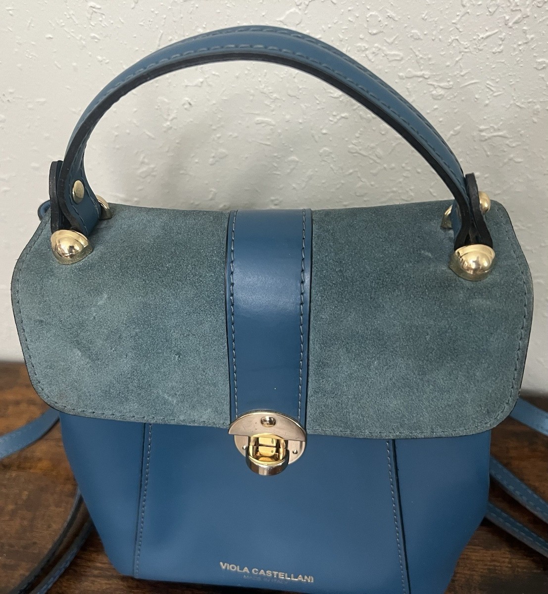 Viola Castellani Italian Leather & Suede Convertible Backpack Handbag Viola Castellani Blue Leather Suede Mini Backpack  main image 3