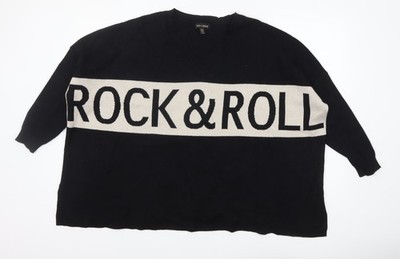 QED London Damen Schwarz Rock & Roll V-Ausschnitt Pullover Pulli M/L