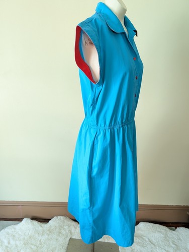 Vintage Rockabilly Shirt Dress 16 Button Front Aqua Blue & Red Pockets Retro - Picture 16 of 19