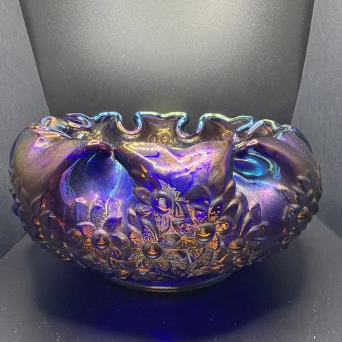 CONTEMPORARY FENTON CARNIVAL VIOLET BLUE LIONS ROSE BOWL ORANGETREE EXTERIOR S1