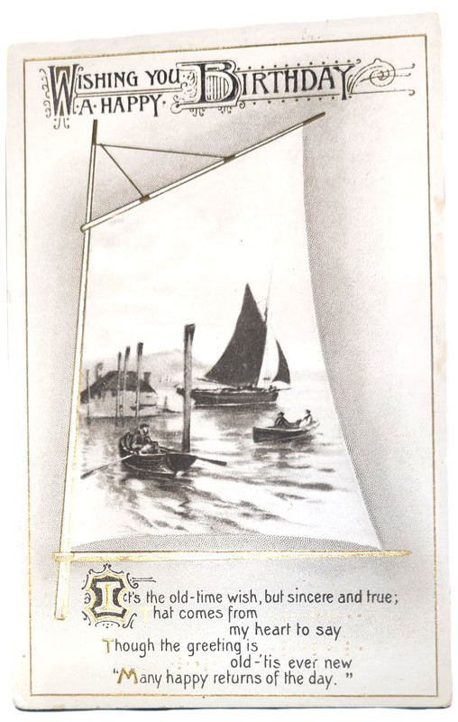 Wishing You A Happy Birthday, Sailboat, Vintage Embossed Postcard 1914