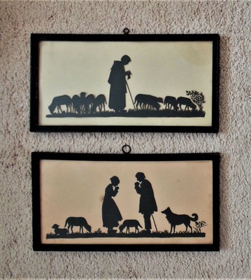 Pair Antique Cut Paper Silhouette Dutch Shepherds Man Woman