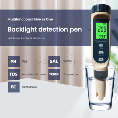 5 in 1 pH Tester Digital PH Tester Pen 0.01 High Accuracy IP65 Water Testing Kit