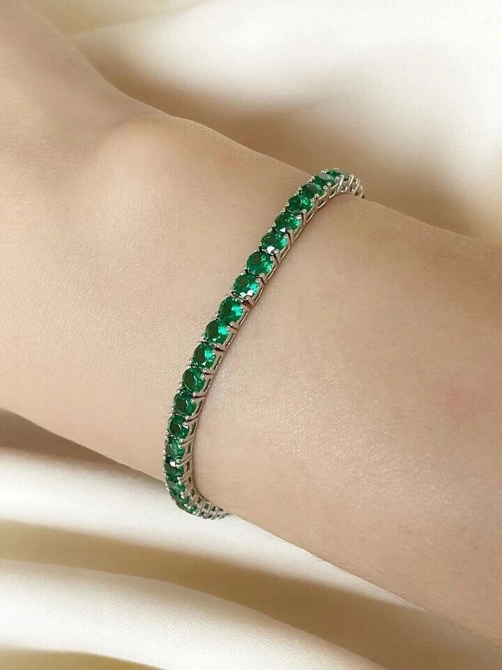 Brazalete Tenis Redondo Esmeralda Verde Natural Certificado Uso Diario Oro Blanco 14k Foto 2 de 4
