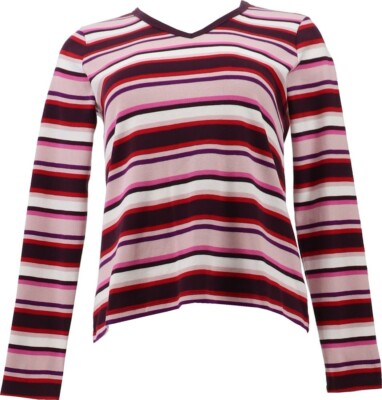Lands' End Women Long Sl 1x1 Rib Crew T Deep Mulberry Multi Stripe XS NWOT (882)