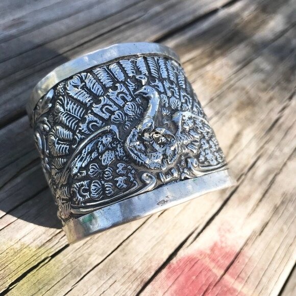 Antique Art Nouveau Peacock Sterling Silver 925 Cuff Bracelet Repoussé Victorian image 5