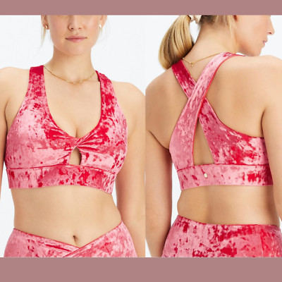 NWT $60 Fabletics [ Medium ] Crushed Velour Sports Bra in Strawberry Red #U1168