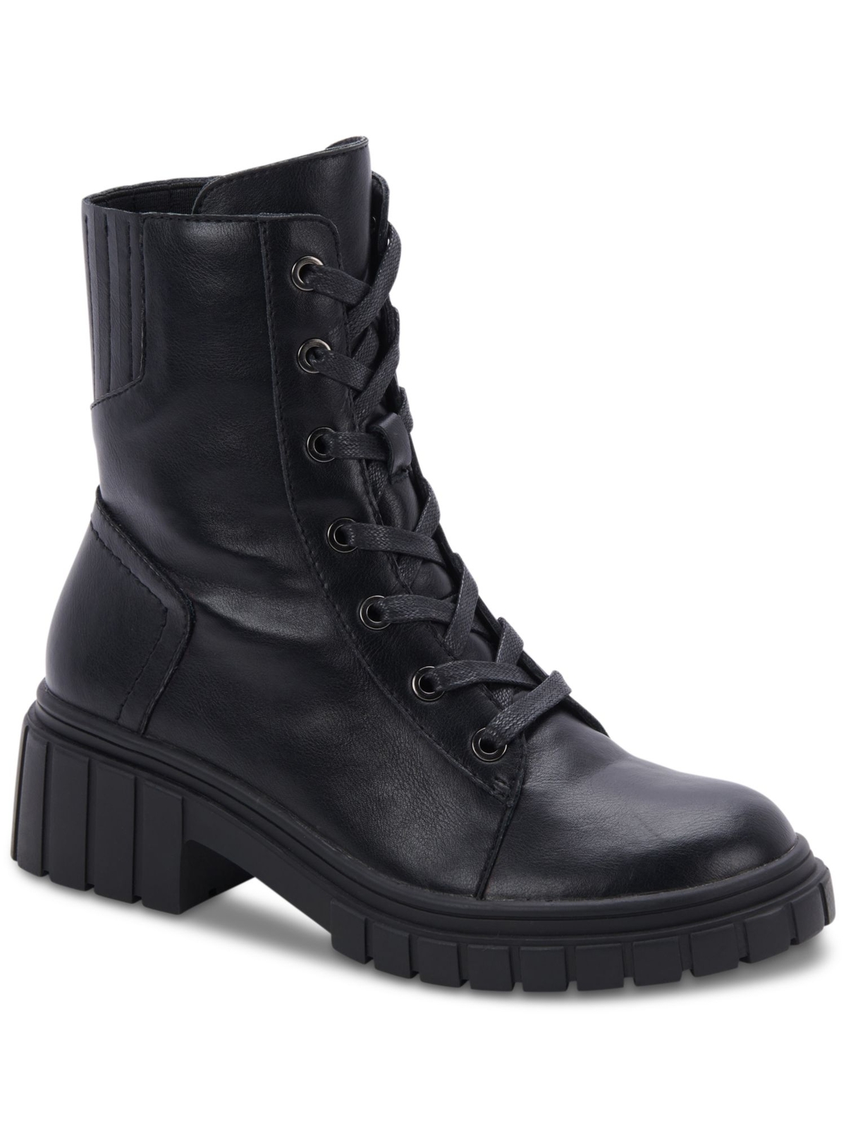 AQUA COLLEGE Womens Black Up Perel Toe Block Heel Leather Combat Boots 6.5 M