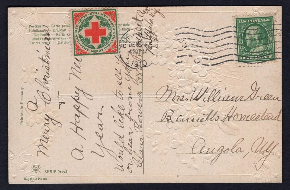 USA Buffalo NY 1910 Red Cross Christmas Seal on Postcard. Cinderella - Image 2 of 3
