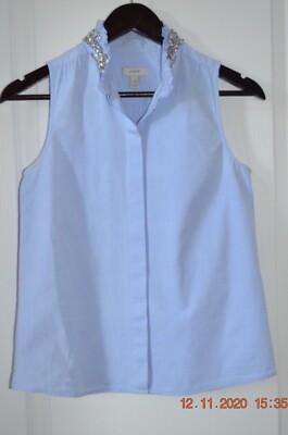  J.Crew Chambray Jeweled Ruffle Collar Oxford Blouse Tilda Rhinestone Size 0