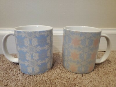 Set of 2 Avon Winter Soft Mugs, Floral Snowflake Pattern Light Blue/Gray