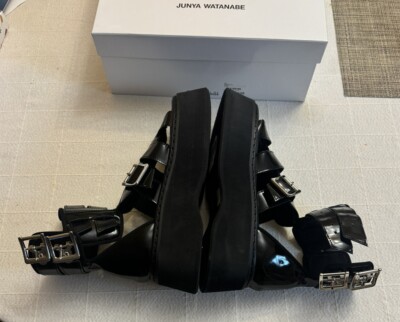 JUNYA WATANABE Glossy Black Leather Buckle Cuff Platform Sandals