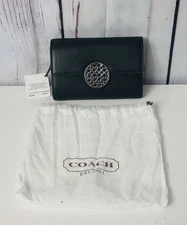 COACH ALEXANDRA Black LEATHER SLIM ENVELOPE Wallet Round Ornate Silver Snap