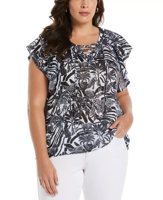 ELLA Rafaella Plus Size Lace-Up Flutter Short Sleeve Top Women's 2X Black/White