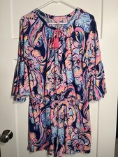 Lilly Pulitzer Del Lago Romper Womens Medium M Boho Bateau Floral Knit Tassel