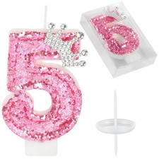 Pink Crown Number 5 Birthday Candle Glitter Cake Topper for Girls
