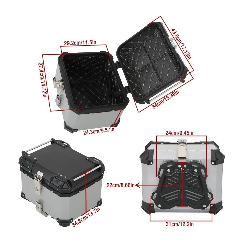 Motorcycle Luggage Waterproof Tail Box Top Case Scooter Trunk Storage 45L Silver Foto 2 de 4