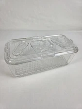 Vintage Glass Refrigerator Dish Embossed Veggie Lid 8" Butter Cheese Loaf Keeper