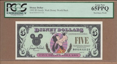 1993 $5 DA Goofy Disney Dollar PCGS GEM NEW