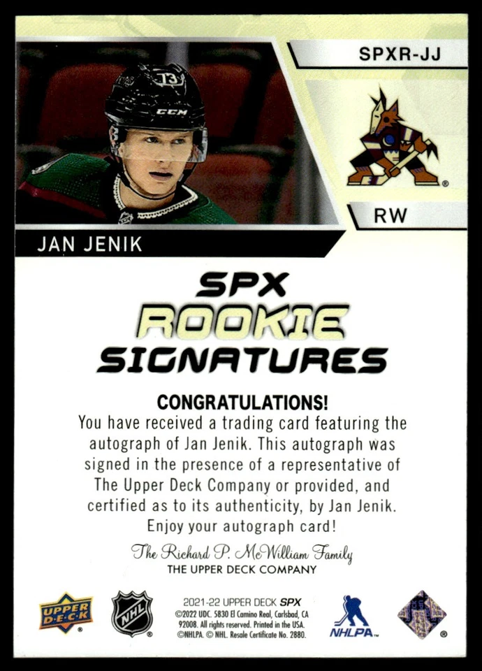 2021-22 SPx Rookie Signatures Jan Jenik Auto Arizona Coyotes #SPXR-JJ - Image 2 of 2