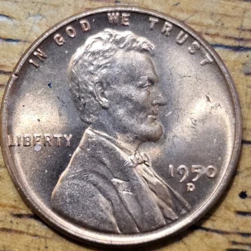 1950 D  Lincoln Wheat One Cent 1c Coin Red BU #AA541