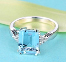 Natural Aquamarine Ring Sterling Silver Turquoise Women Jewelry Size 6-10