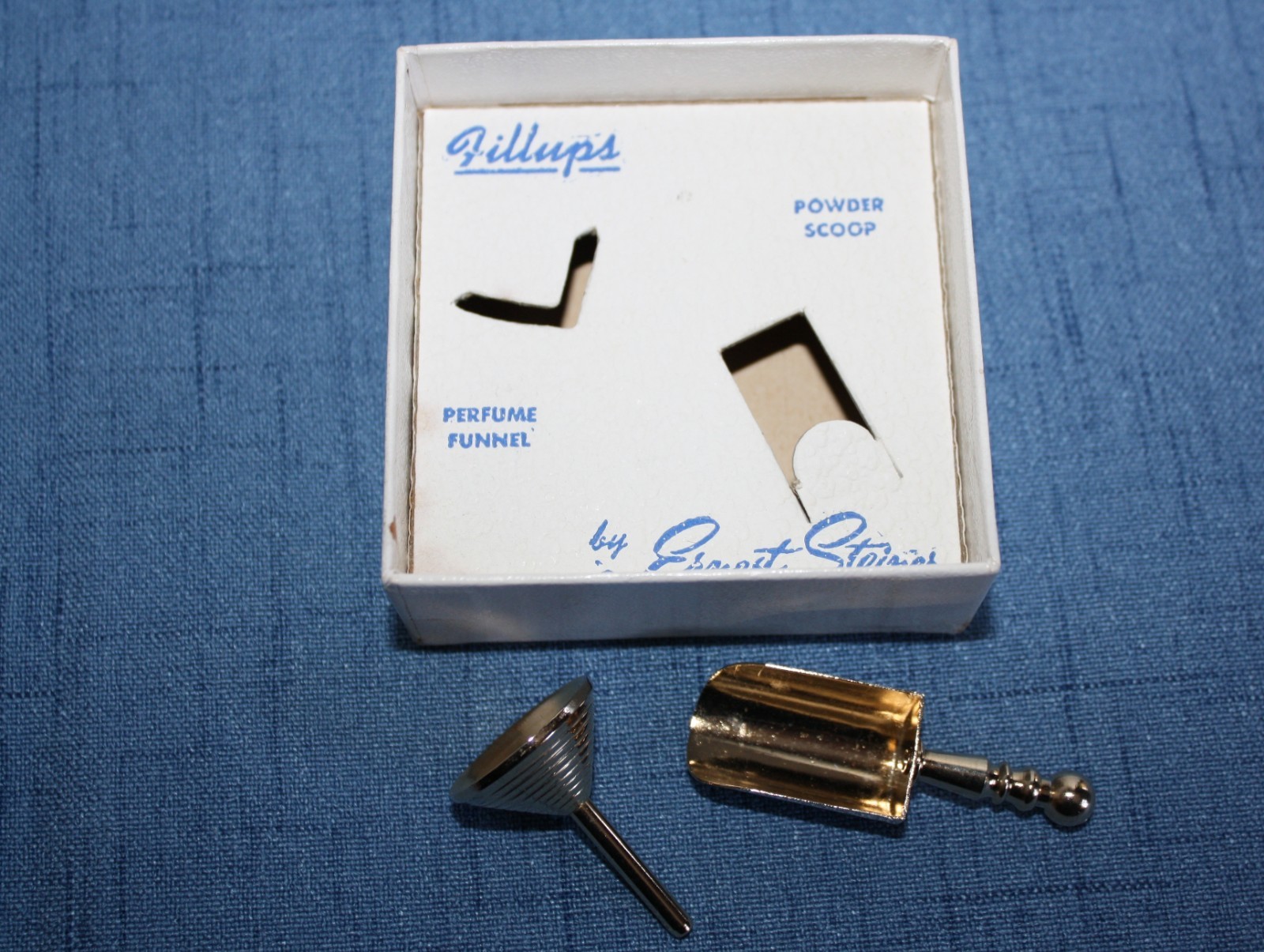 Vintage ERNEST STEINER Fillups Perfume Funnel Brass Powder Scoop w/Original Box