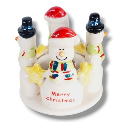 Vintage Round Handpainted Porcelain Snowmen Merry Christmas Candle Holder