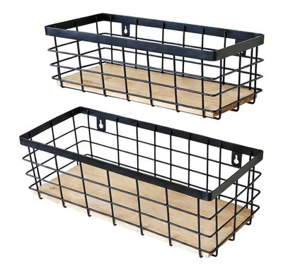 Metal Wire Basket Detachable Wood Base Storage Organizer Farmhouse Hanging