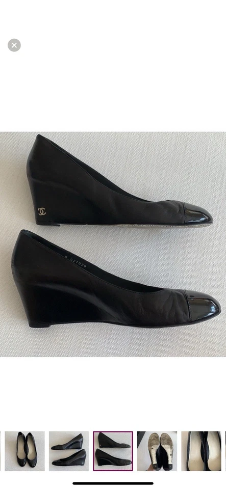 Chanel Y2K CC Logo Black Leather Escarpins Cap Toe Wedge Pumps Sz 41  - Image 4 of 4
